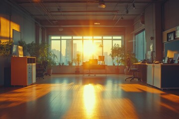Fototapeta premium Cinematic style of modern office with sunlight from the big windows and city scape in the background. 