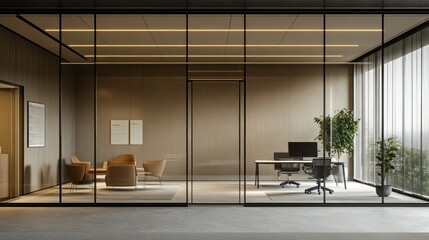 A modern office interior featuring a sleek design with glass walls, wooden panels, and stylish furniture. The workspace is well-lit and spacious, creating a professional and inspiring environment.