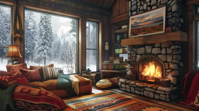 Cozy living room with a fireplace and sofa by the window overlooking a winter forest landscape.
 Seamless looping 4k time-lapse virtual video animation Generated AI
