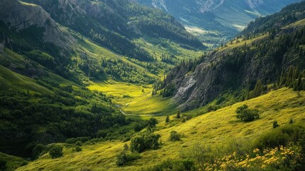 Fototapeta premium A vibrant view of a mountain valley with lush green hills and trees, showcasing the beauty of nature.