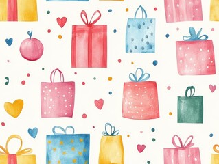 Colorful gift boxes with hearts on a cream background, festive and cheerful design.