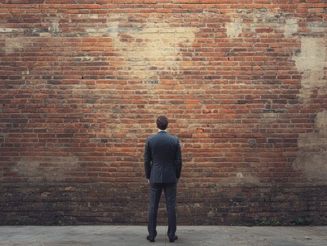 Facing a brick wall concept with business man facing a huge bricks wall. Business dead end no way exit concept. 