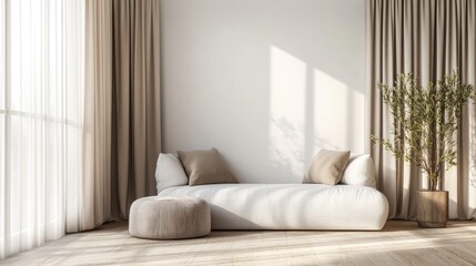 Fototapeta premium A minimalist living room interior featuring a white sofa with soft cushions, a potted plant, a wooden floor and a large window with natural sunlight. The room is decorated in a clean and simple style.
