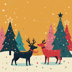 Reindeer and Decorated Christmas Trees