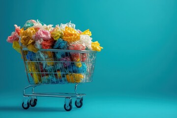 Shopping cart full of used plastic bag on blue background. Stop using plastic bags for the world concept. 