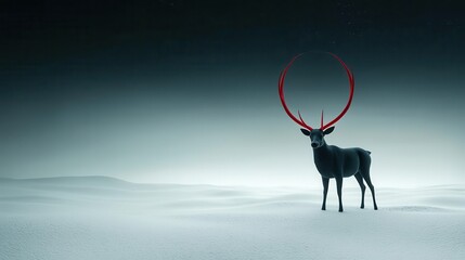 Black deer with red antlers in snowy landscape