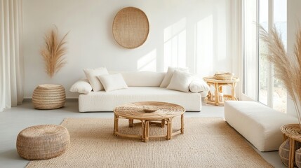 A modern and minimalist living room with a white sofa, rattan furniture, and natural decor. The room features a spacious layout with a large window, letting in natural light.