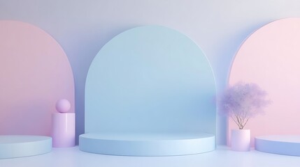 Modern Abstract Geometric Stages with Pastel and Neon Lighting for Minimalist Artistic and Futuristic Set Design Featuring Circular Platforms, Soft Shadows, and Vibrant Colors in Contemporary Spaces