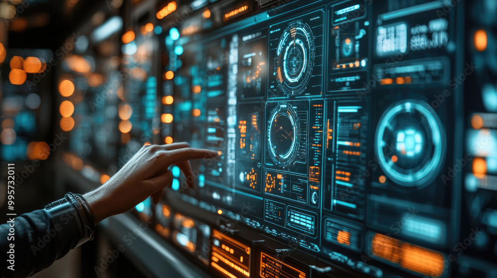 Poster a person is engaging with an advanced control panel, surrounded by vibrant data visuals and glowing 
