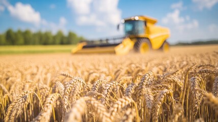 selective focus on wheat on a farm with a tractor and combine harvester in the backdrop that is hazy.