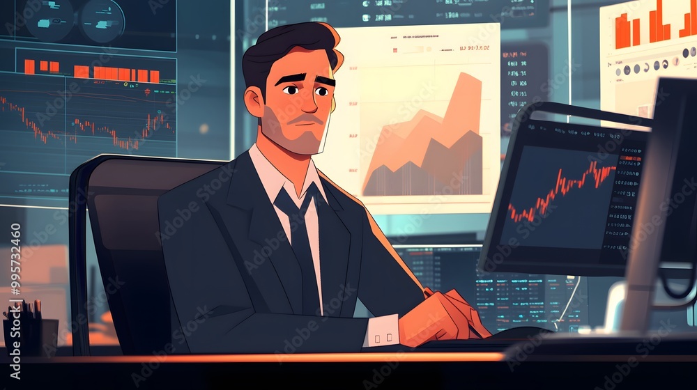 Poster a man in a suit analyzing financial data on multiple screens