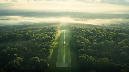 An airplane landing on a runway amidst a verdant landscape enveloped in morning mist, conveying a serene yet active start to the day.