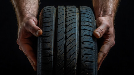 Skilled mechanic holding worn car tire against black background, emphasizing importance of maintenance and safety on road. Hands dirty, showcasing expertise in auto service and repair