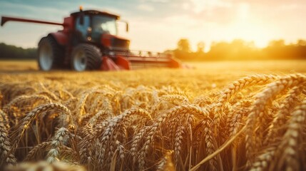 Fototapeta premium selective focus on wheat on a farm with a tractor and combine harvester in the backdrop that is hazy.
