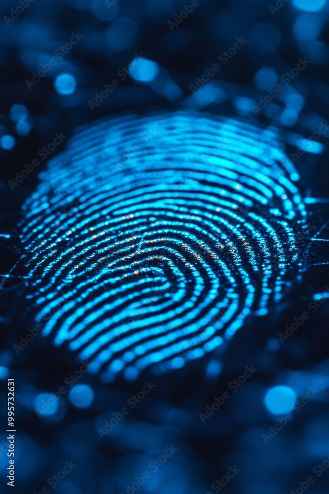Poster digital fingerprint, abstract security pattern with glowing lines on blue technology background
