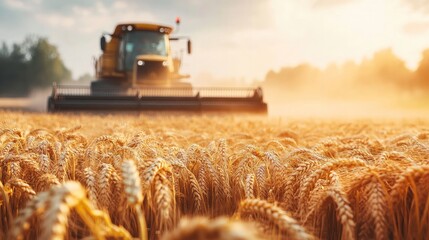Fototapeta premium selective focus on wheat on a farm with a tractor and combine harvester in the backdrop that is hazy.