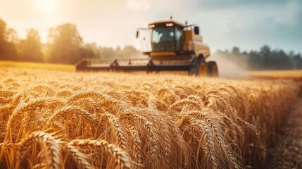 Fototapeta premium selective focus on wheat on a farm with a tractor and combine harvester in the backdrop that is hazy.