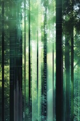 Abstract digital forest with vertical lines representing trees, blending nature and technology in a fusion of natural and technological themes