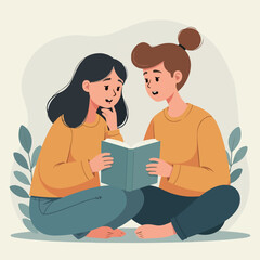 Two girls are studying together while reading.