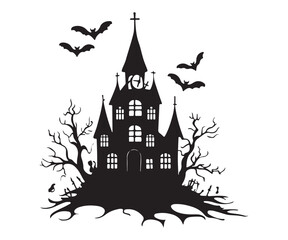 Collection silhouettes of haunted houses vector flat illustration. scary house tree and bat for Halloween