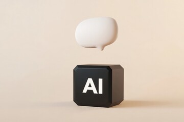 3D illustration of dark geometric cube with "AI" letters and speech bubble