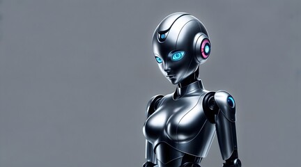 Naklejka premium The image shows a humanoid robot with a smooth silver body, large glowing blue eyes on a gray background, 3d render of a robot