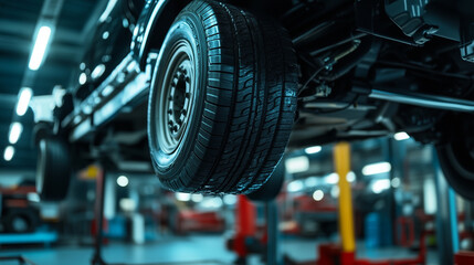 Fototapeta premium Big pickup truck is lifted on a hydraulic lift for a tire change in a modern service garage