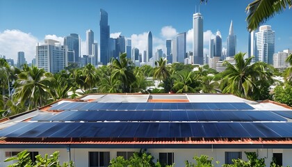 photovoltaic panels or solar panels on the roof of an apartment building in a tropical climate with a modern city skyline in background, with clear blue sky, green plants, sustainable energy concept, 