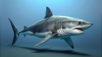 Fototapeta premium Great white shark swimming peacefully in the deep blue water