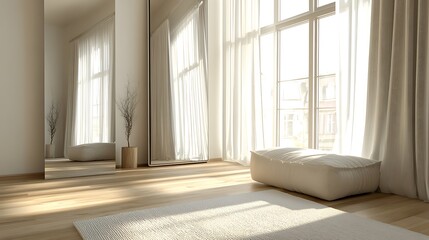 Fototapeta premium Minimalist Living Room with Large Windows and Sunbeams.