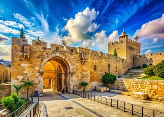 Obraz premium The grand gates of Jerusalem stand surrounded by rich historic architecture, illuminated by a sunny day, under a