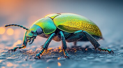 A vibrant green and gold beetle with iridescent shell stands on a textured surface.