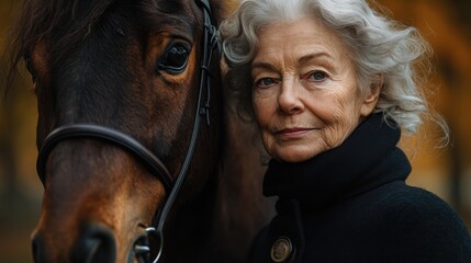 Elderly woman jockey in black uniform stands confidently beside her horse at the stable during a quiet afternoon