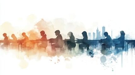 Silhouettes of people working at a desk, painted in a watercolor style.  The image represents teamwork and collaboration.