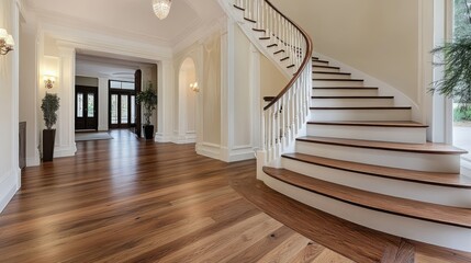 Obraz premium Elegant wooden staircase showcasing intricate handrails in a luxurious home setting with warm lighting