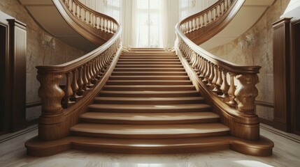 A stunning wooden staircase with beautifully crafted handrails leads upwards in a grand home, illuminated by warm light from ornate fixtures, enhancing the architectural elegance.