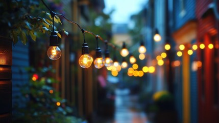 Naklejka premium Twinkling LED lights hang elegantly along a charming walkway during a serene evening