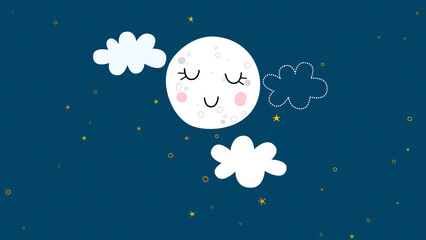 Naklejka premium moon and clouds and stars glowing on night sky background, kids lullaby and nursery rhyme design element 