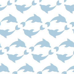 Two dolphin silhouettes circling in a circle. Repeating vector pattern. Endless ornament of a pair of blue sea mammals. Isolated colorless background. Flat style. Ocean inhabitant. Web design idea.