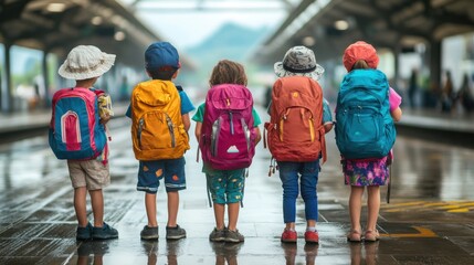 A group of children stand at a train station, excitedly preparing for their journey. They wear colorful backpacks and sun hats, looking forward to their next adventure.