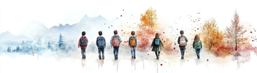 Watercolor painting of people walking away from the viewer.