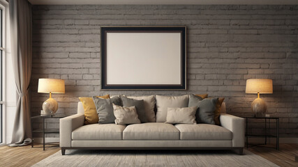 Living room interior with sofa, plant and blank poster. 3d render