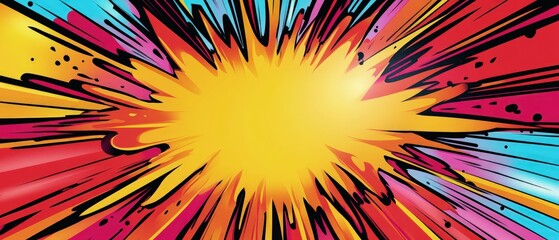 Fototapeta premium comic-style background featuring vibrant, explosive speech bubble bursting, bold colors and dynamic lines, emphasizing energy and excitement, exaggerated motion lines, lively pop-art feel