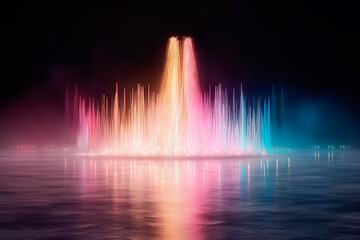 A mesmerizing water fountain creates a stunning display of colorful lights, illuminating the night sky while the serene lake reflects the vibrant spectacle