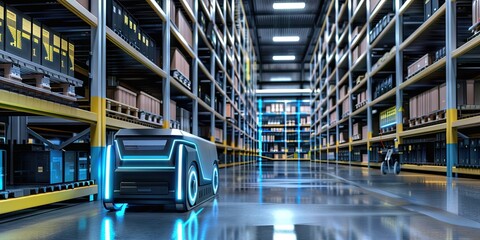 Automated Warehouse with AI Integration: A modern warehouse where robots and AI systems manage inventory, with digital interfaces and data analytics in the background.