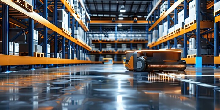 Automated Warehouse with AI Integration: A modern warehouse where robots and AI systems manage inventory, with digital interfaces and data analytics in the background.