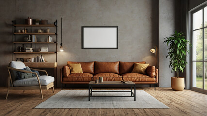 Living room interior with sofa, plant and blank poster. 3d render