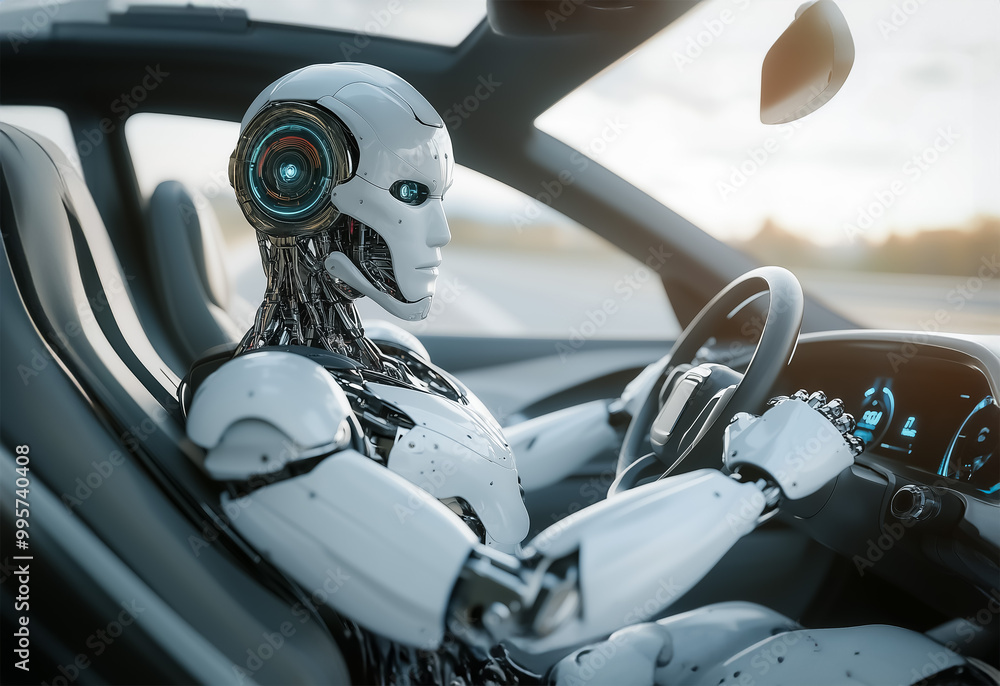 Poster a close-up view of a humanoid robot driving a futuristic car, emphasizing its technological integrat