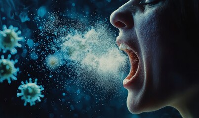 Coughing person spreads virus droplets.