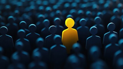 Obraz premium Bright yellow figure standing out among a crowd of dark blue figures, symbolizing individuality and the celebration of uniqueness in a uniform setting